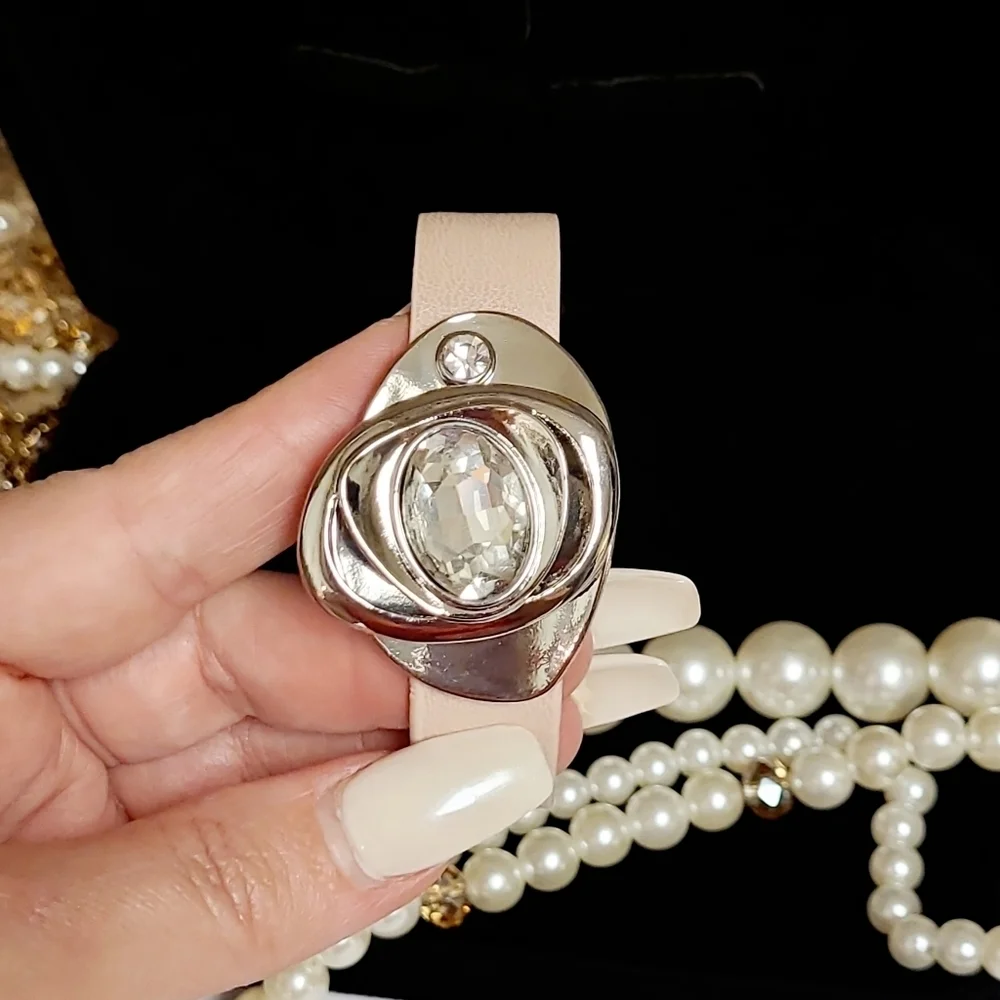 Abstract Crystal Embellished Pink Leather Silver Bracelet